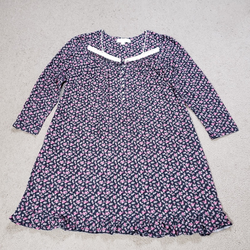 Eileen West Gown Womens‎ S Black Floral Lace Trim Long Sleeve Popover Sleepwear